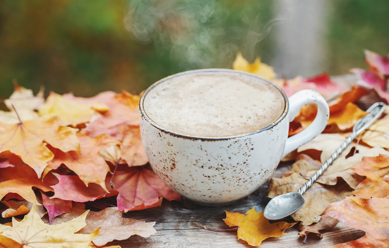 Photo wallpaper autumn, leaves, wood, autumn, leaves, coffee cup, a Cup of coffee