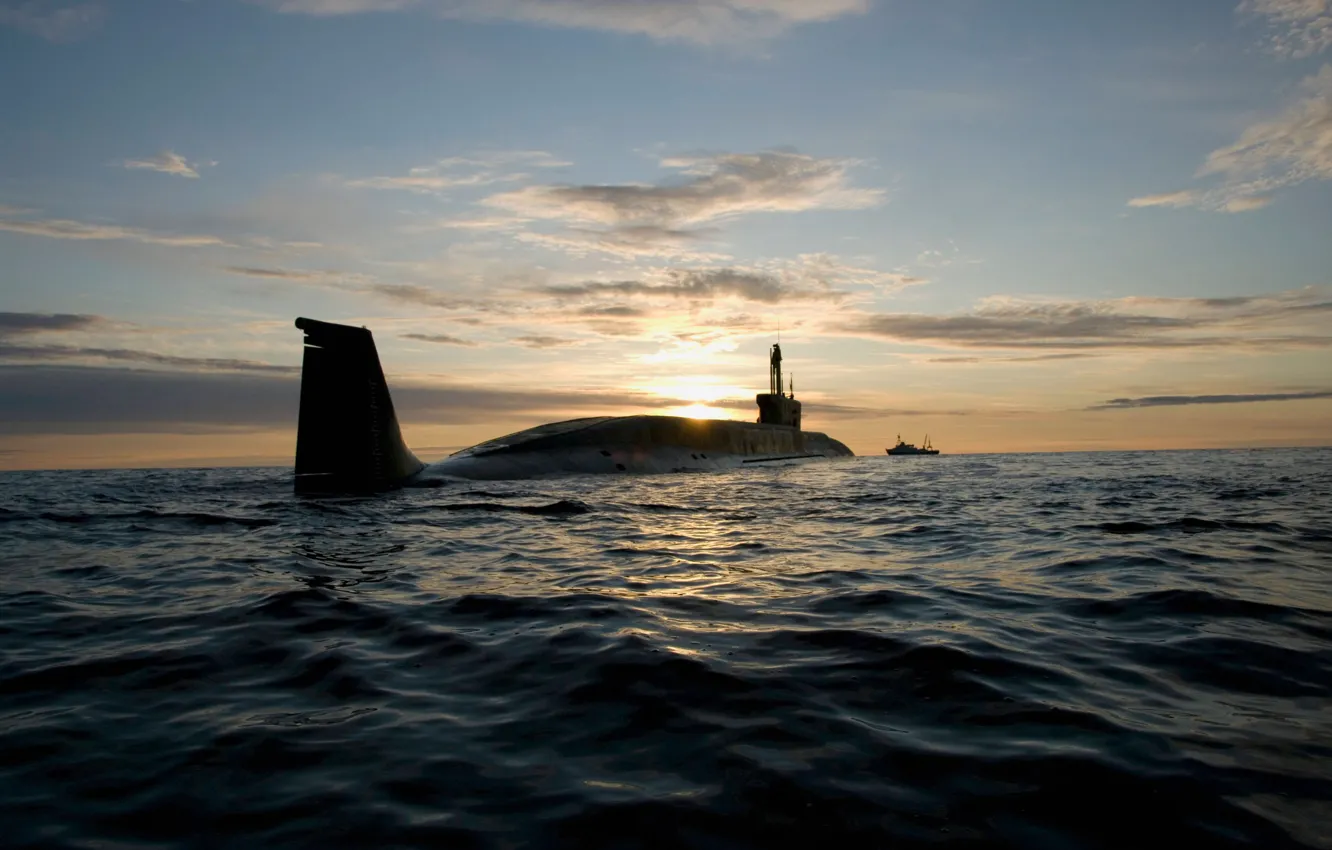 Photo wallpaper sea, sunset, Russia, submarine, project 955