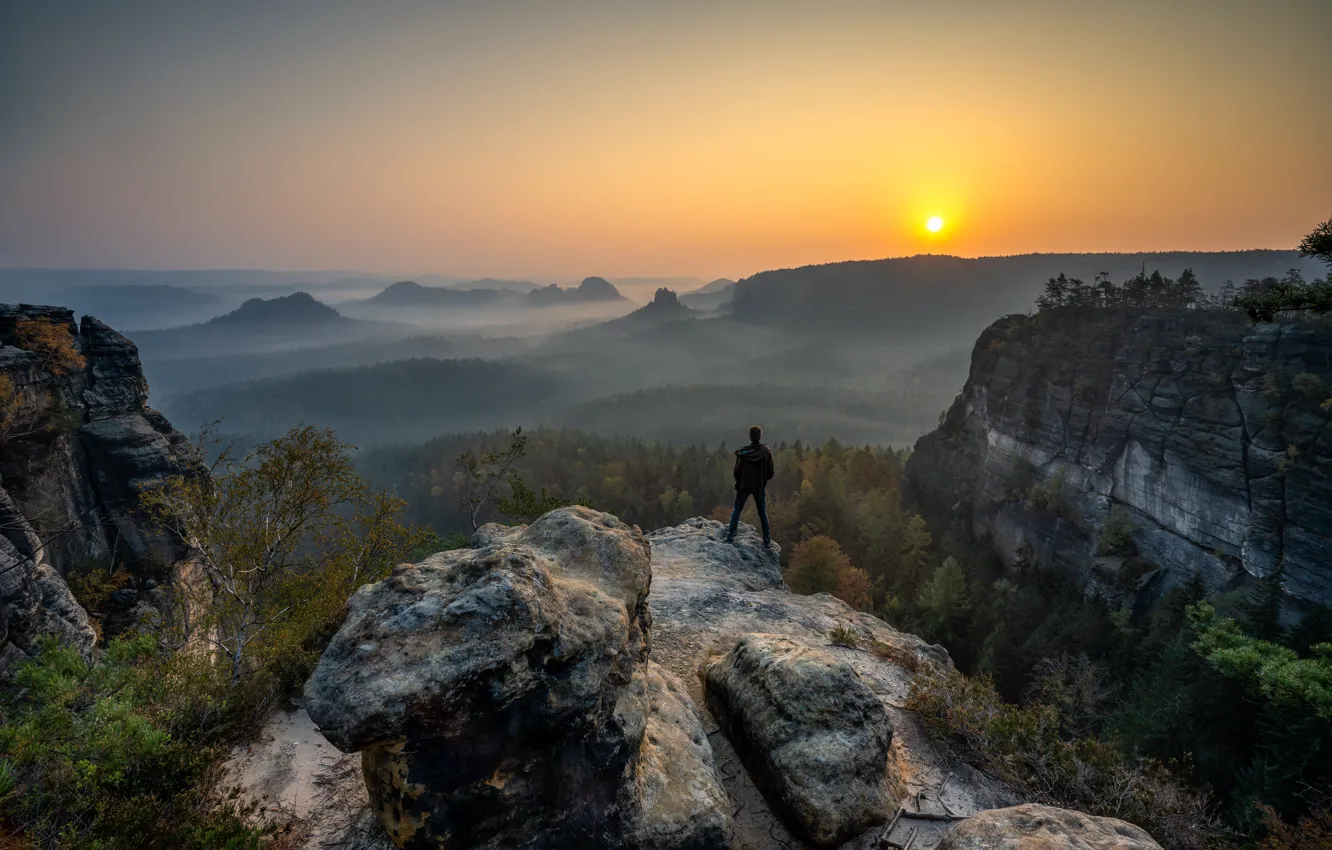 Photo wallpaper forest, landscape, sunset, mountains, nature, people