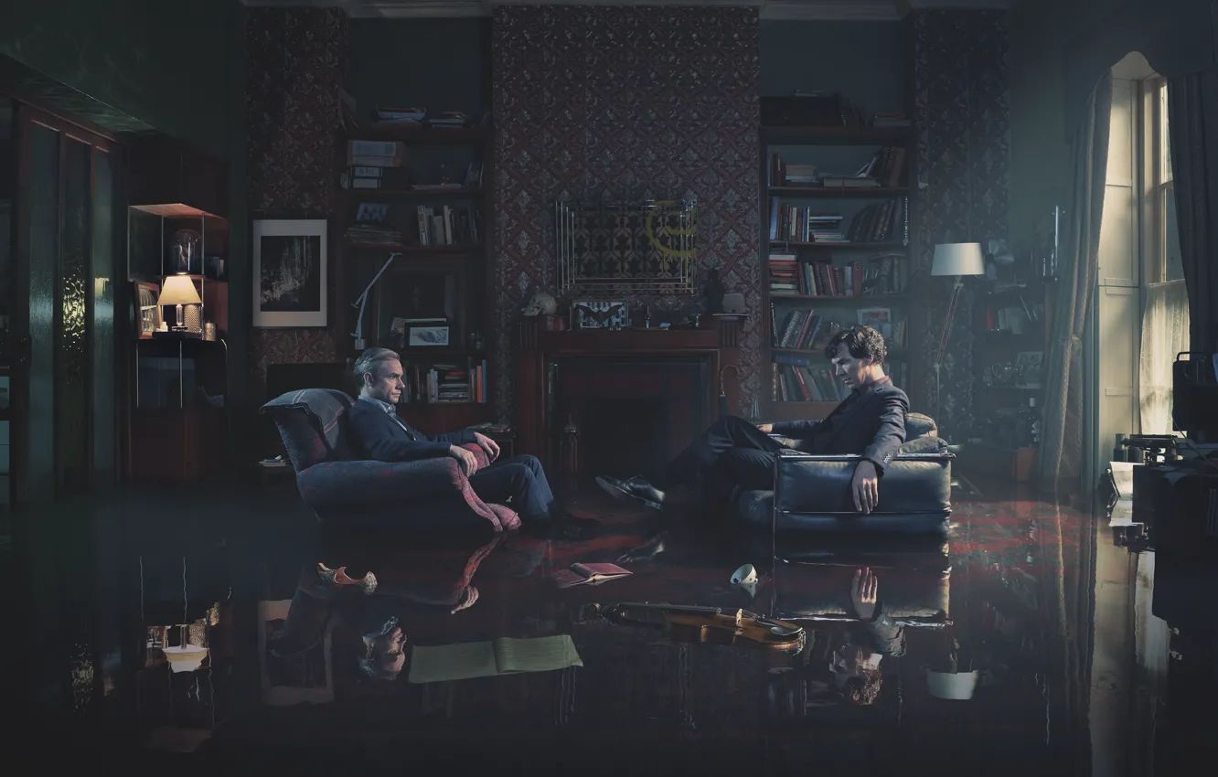 Photo wallpaper reflection, room, violin, lamp, chair, Sherlock, martin freeman, benedict cumberbatch