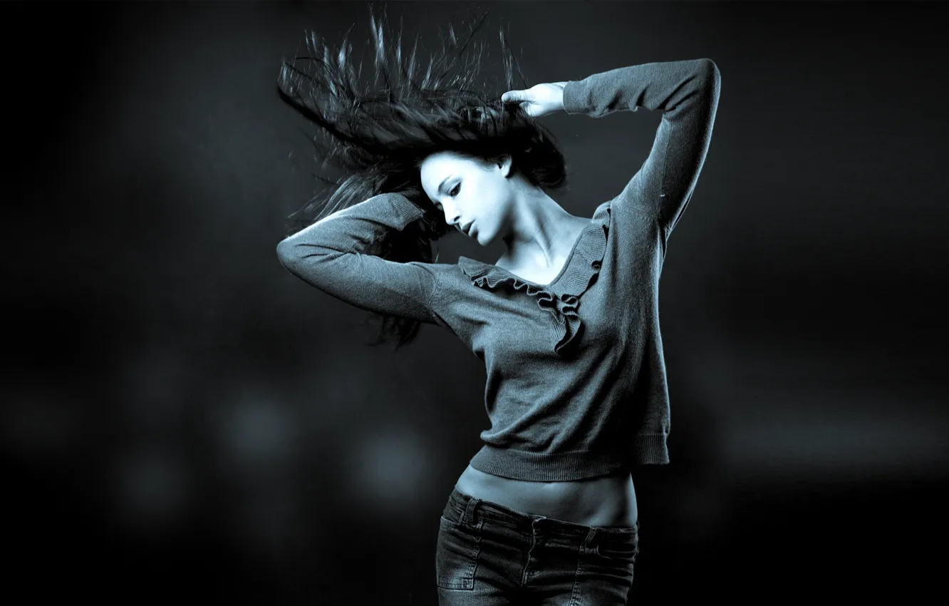 Photo wallpaper energy, girl, blue, grey, movement, sport, dance, jeans