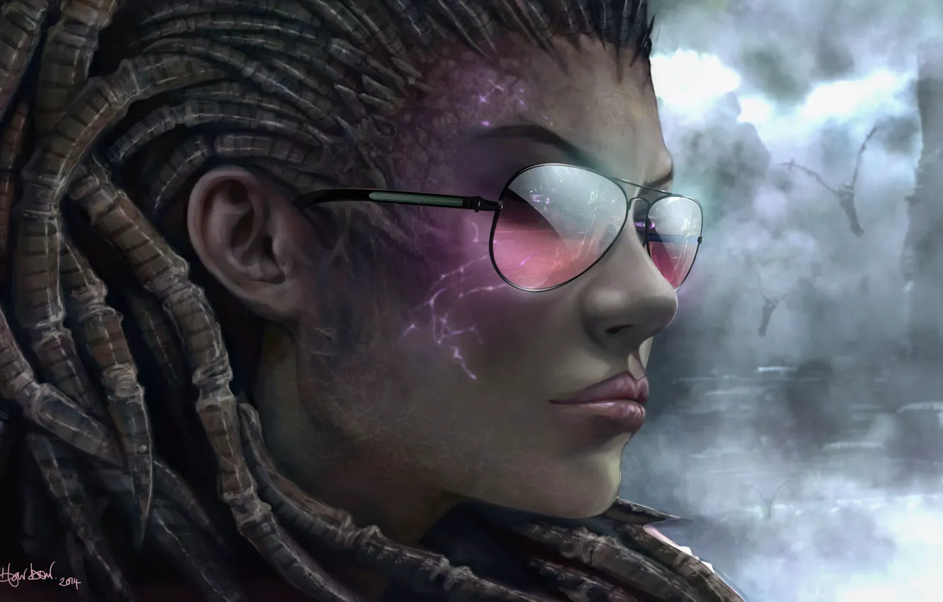 Photo wallpaper girl, face, glasses, starcraft 2, sarah kerrigan, Queen of Blades
