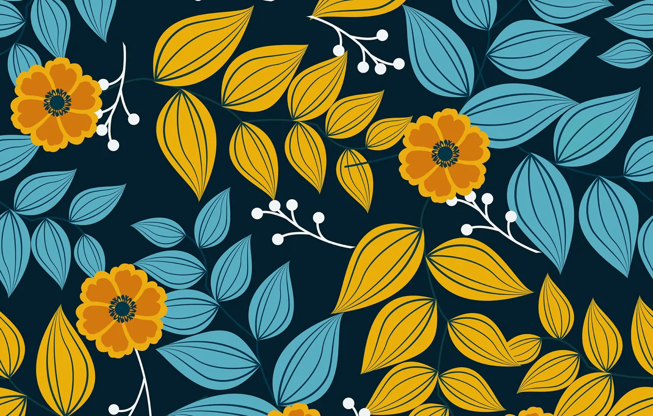 Photo wallpaper leaves, flowers, blue, background, pattern