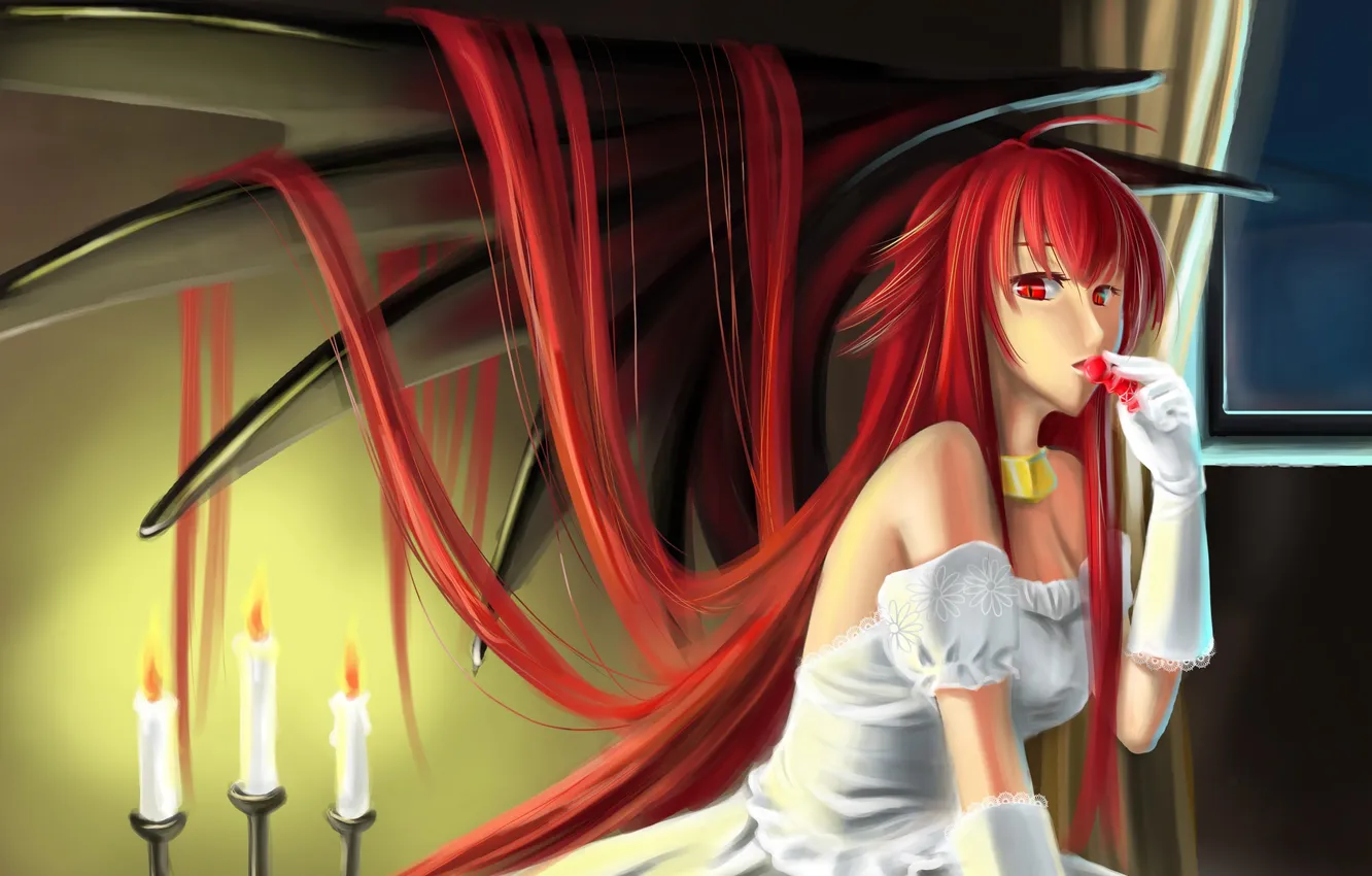 Photo wallpaper look, girl, room, wings, surprise, candles, the demon, art
