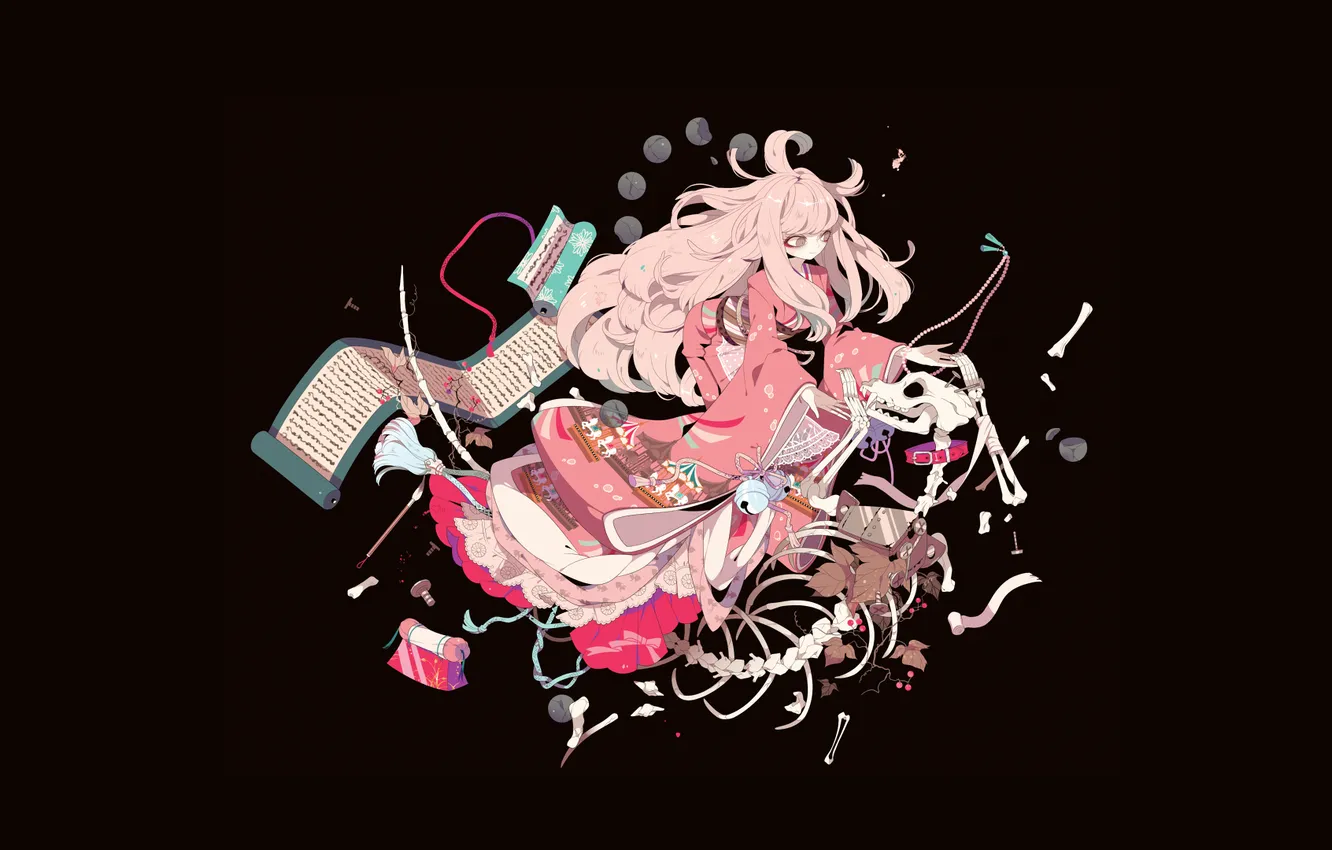 Photo wallpaper girl, skull, skeleton, collar, scroll