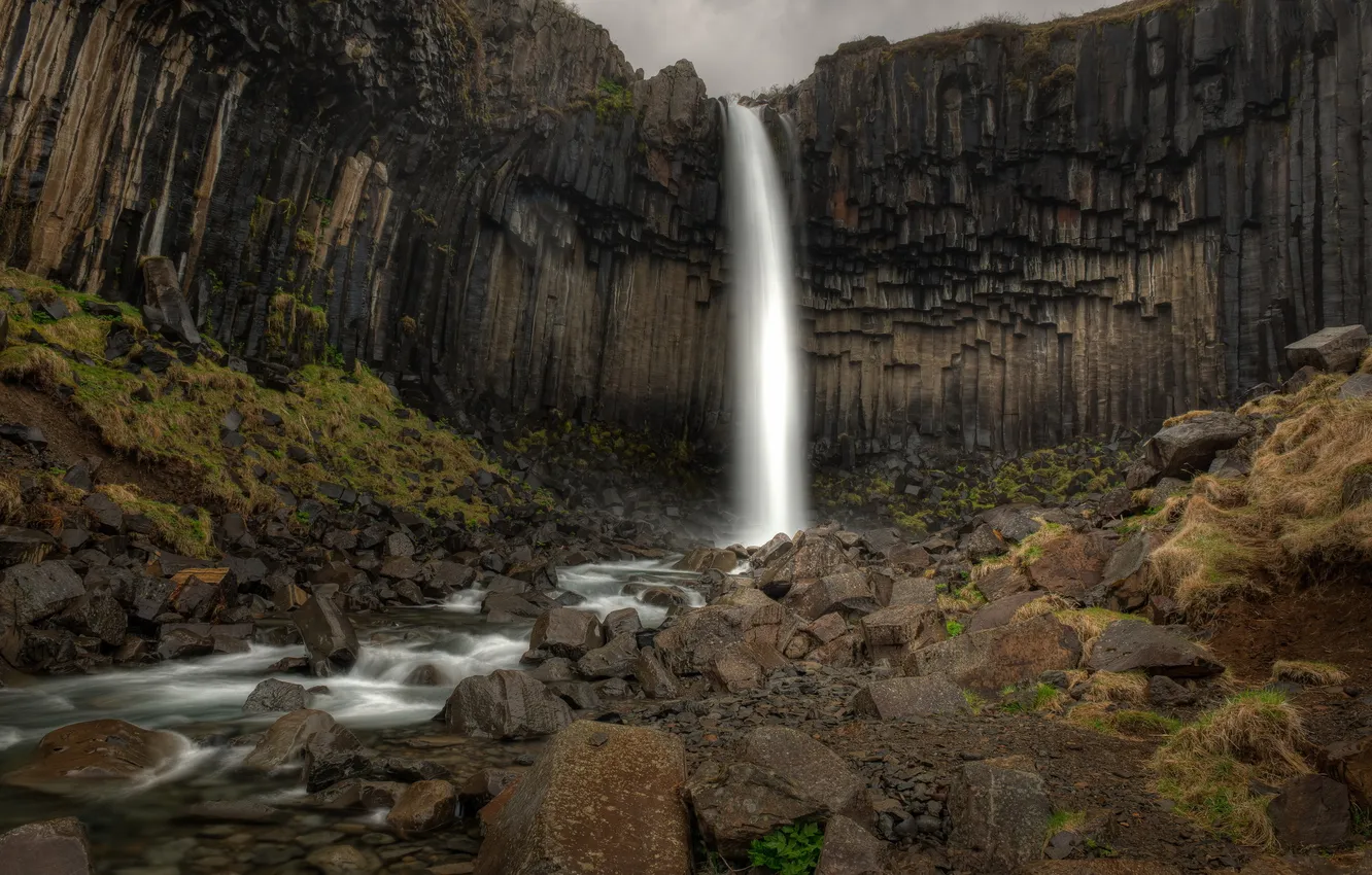 Photo wallpaper Waterfall, Iceland, Svartifoss, black falls