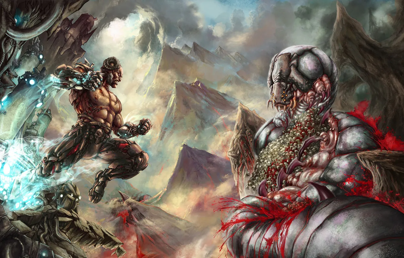 Photo wallpaper energy, clouds, mountains, jump, blood, skull, fight, wounds