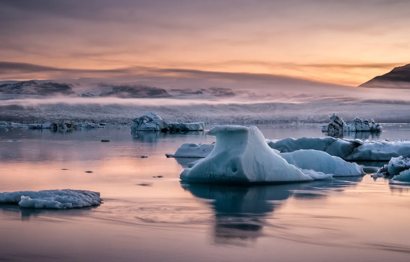 Photo wallpaper cold, ice, sea, sunset, mountains, reflection, ice