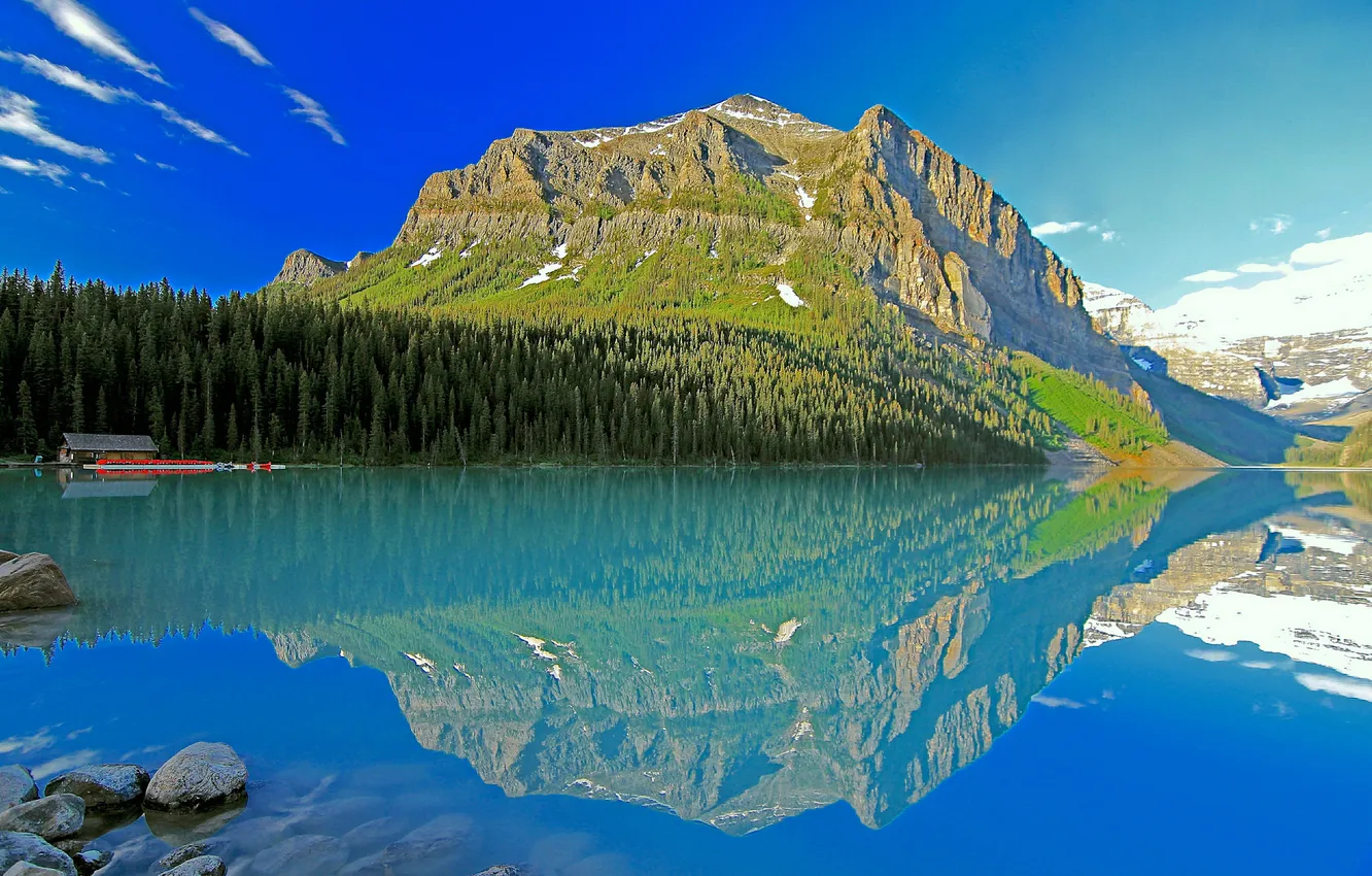 Photo wallpaper the sky, clouds, trees, mountains, lake, boat, home