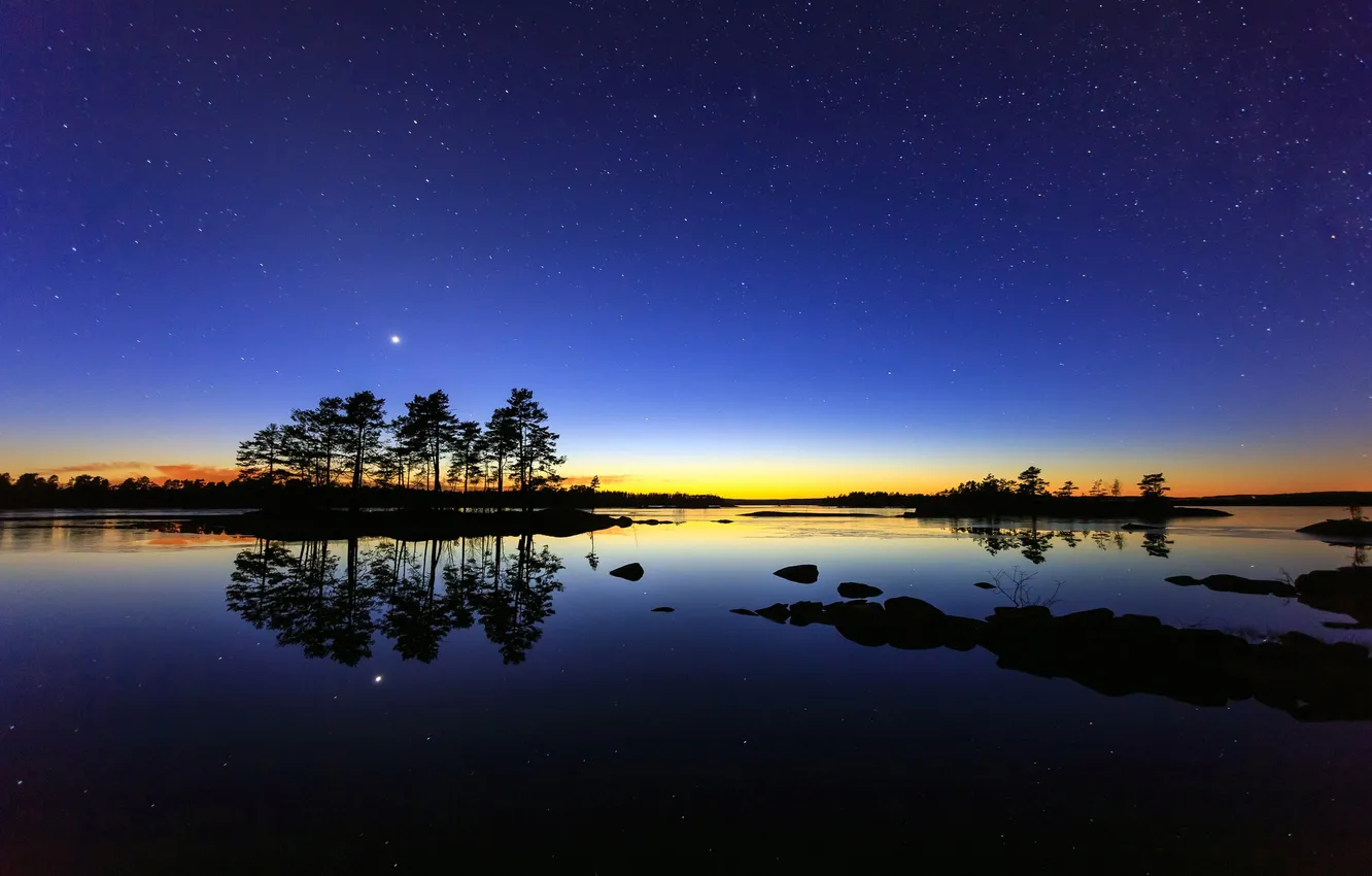 Photo wallpaper the sky, water, stars, trees, night, Sweden