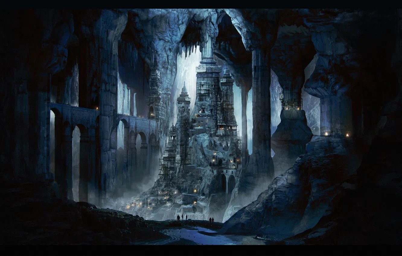 Photo wallpaper lights, castle, rocks, people, cave