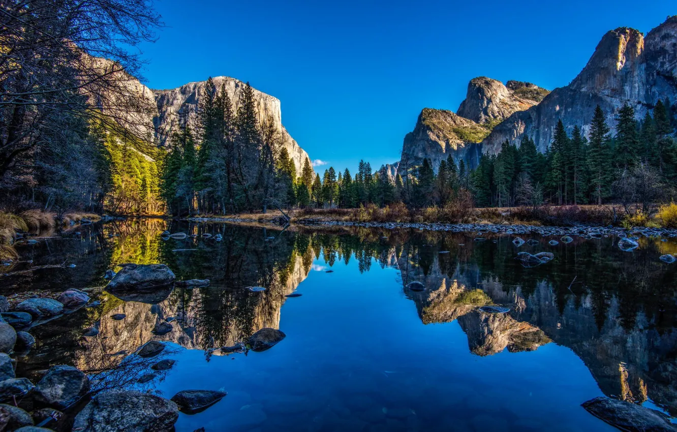 Photo wallpaper The sky, Water, Nature, Reflection, Mountains, Trees, Stones, Branches