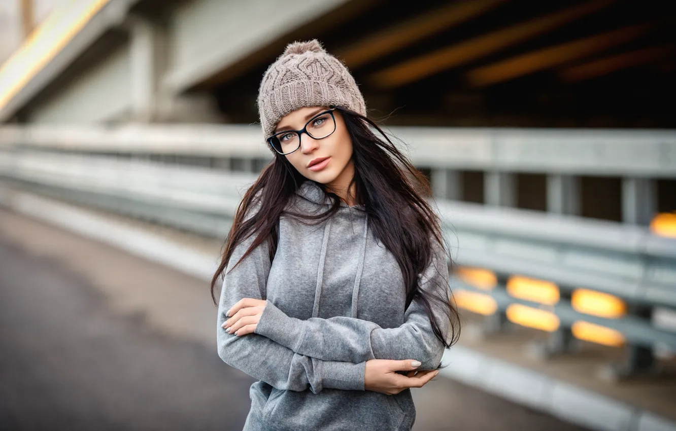Photo wallpaper girl, street, hat, glasses, photographer, bokeh, Denis Petrov, Angelina Petrova