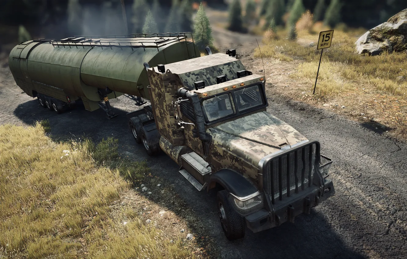 Photo wallpaper HDR, game, trees, truck, Michigan, UHD, XBox One X, SnowRunner