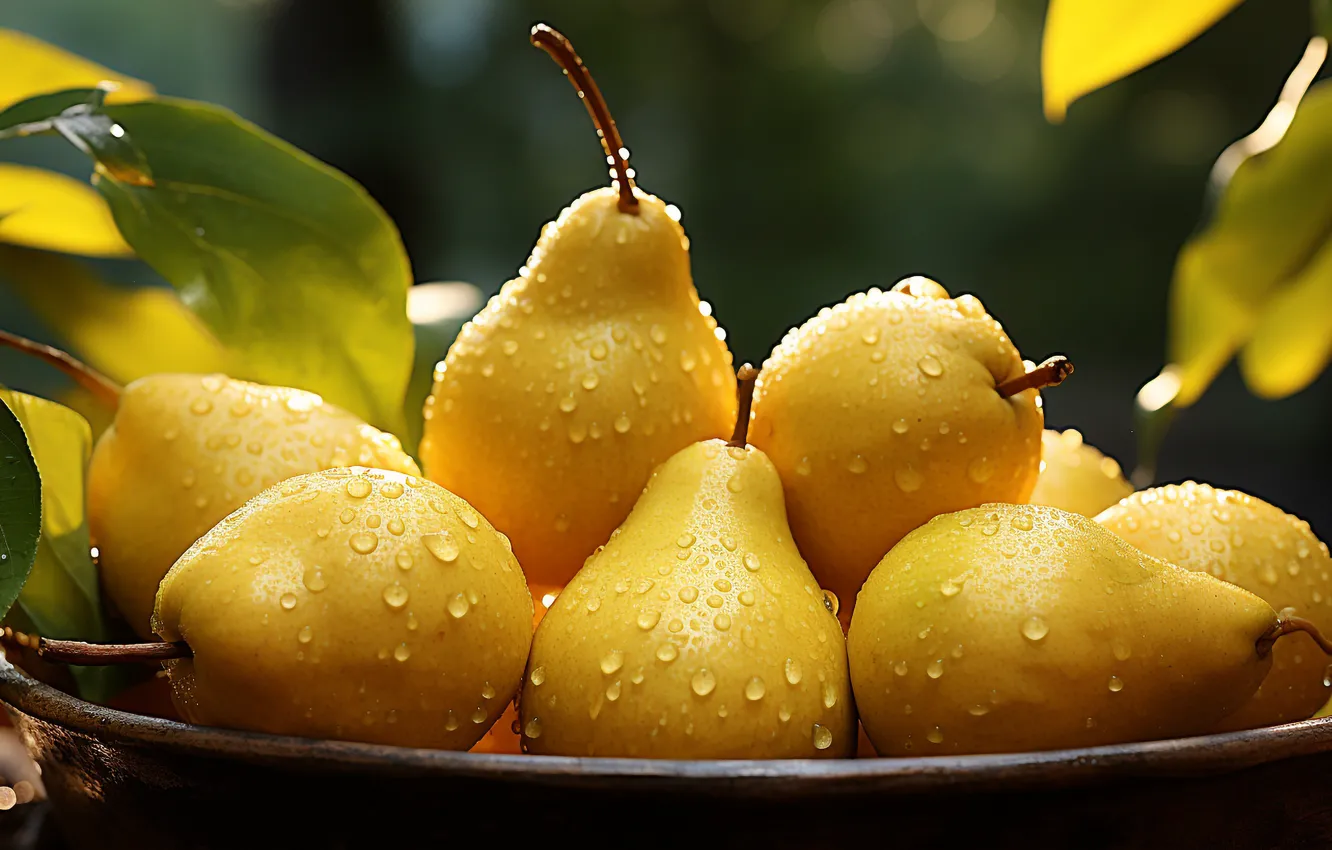 Photo wallpaper leaves, water, drops, yellow, moisture, harvest, fruit, bowl