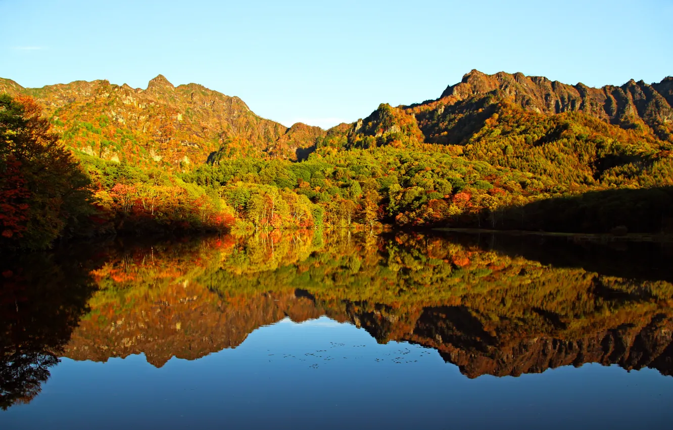 Photo wallpaper mountains, lake, reflection, mirror, mountains, lake, reflection, mirror