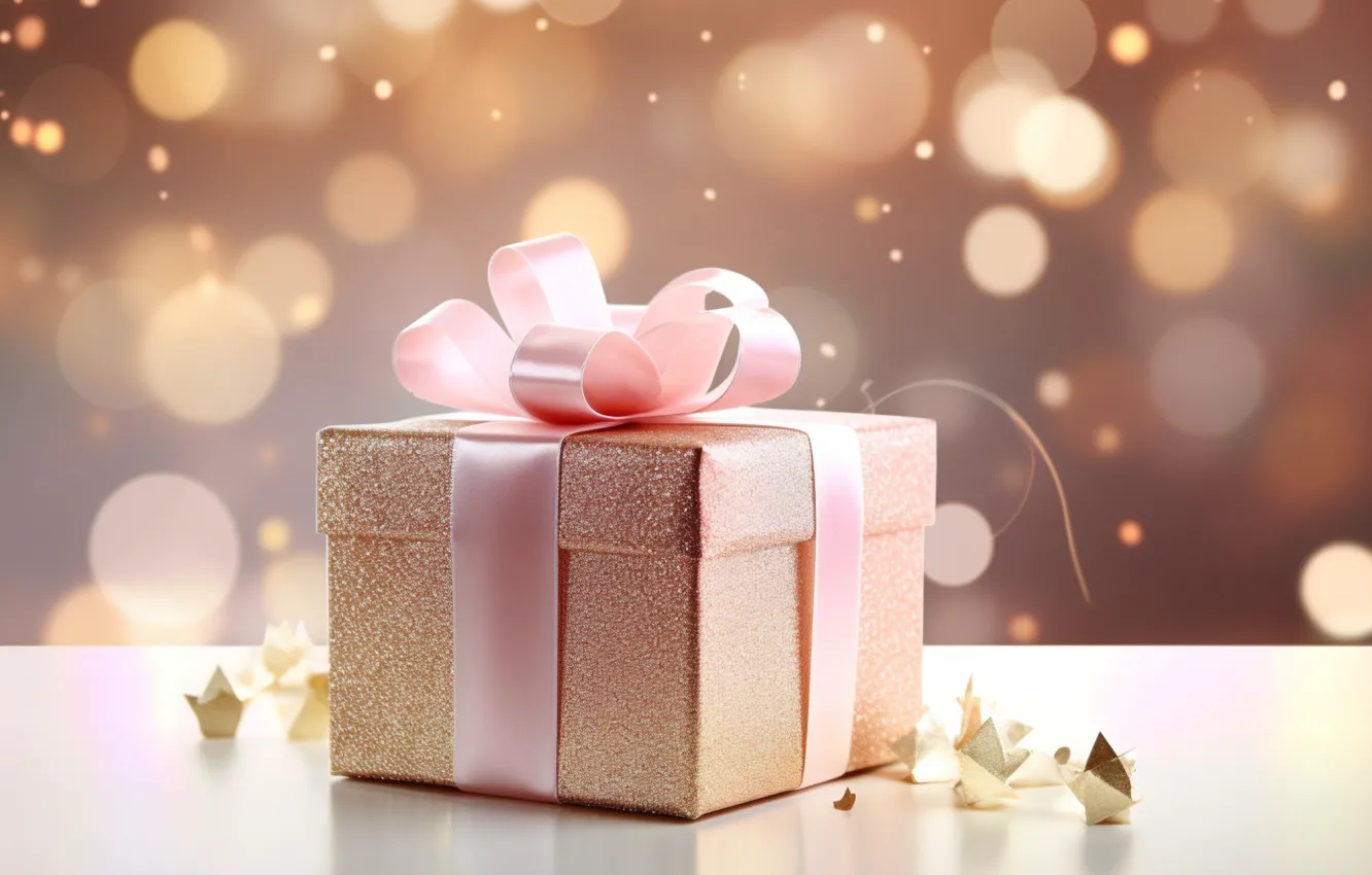 Photo wallpaper lights, table, box, gift, new year, Christmas, pink, gold