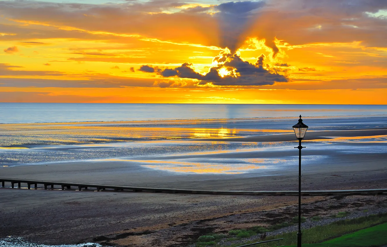 Photo wallpaper sea, beach, dawn, lantern, calm