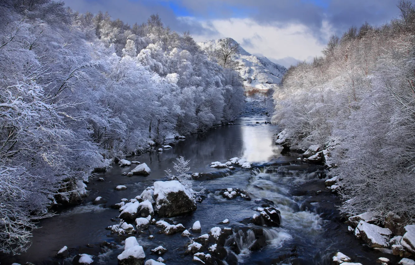 Photo wallpaper winter, frost, snow, trees, landscape, mountains, nature, river