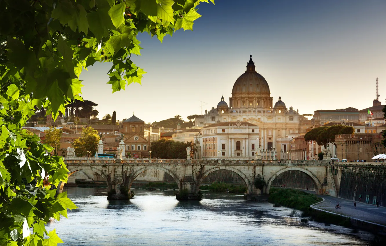 Photo wallpaper leaves, bridge, Rome, Italy, Cathedral, The Vatican, St. Peter's Cathedral, The Basilica of San Pietro