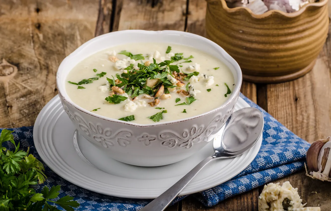 Photo wallpaper greens, soup, bowl, cheese