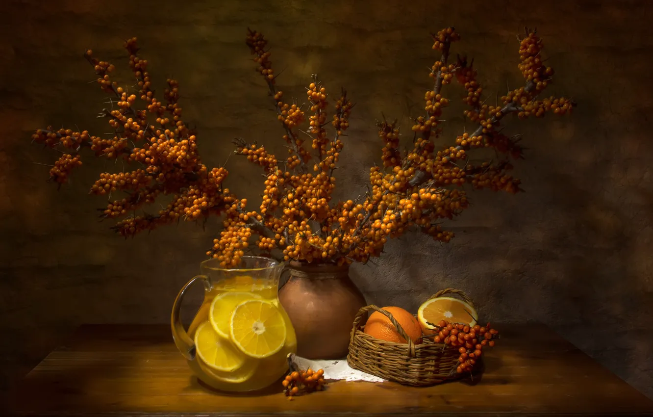 Photo wallpaper branches, berries, oranges, drink, pitcher, basket, citrus, sea buckthorn
