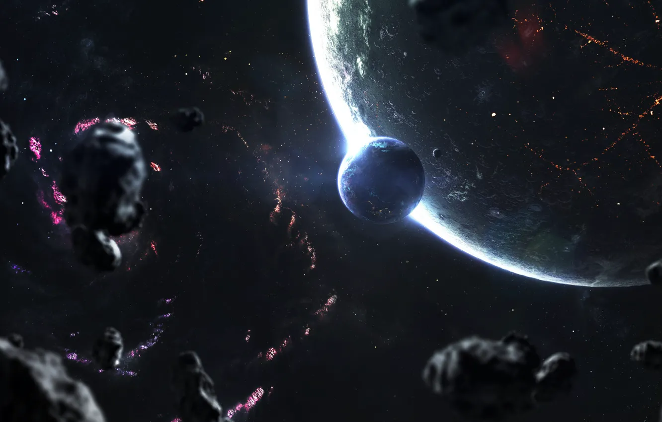 Photo wallpaper space, stars, space, planet, satellite, asteroids, art, space