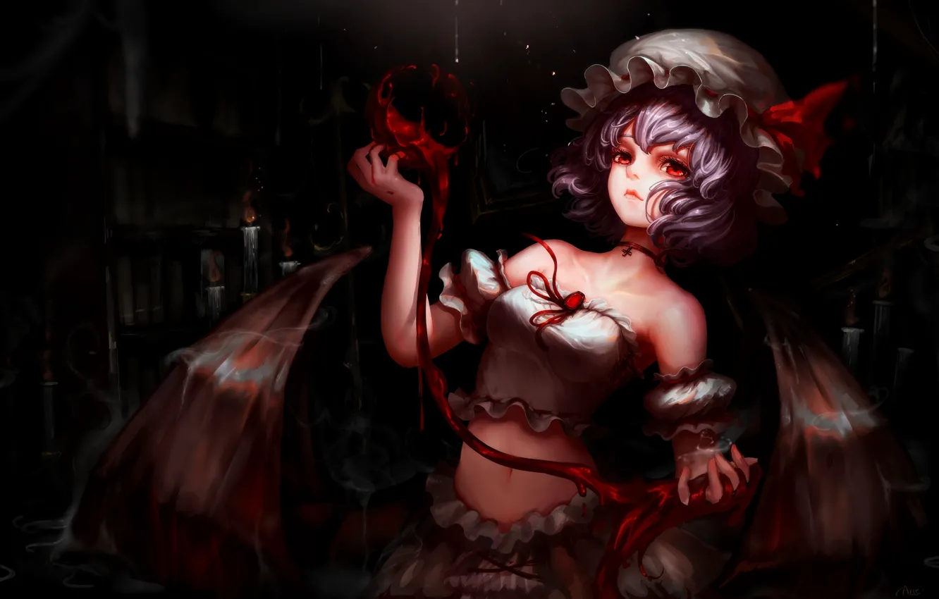 Photo wallpaper darkness, blood, candles, red eyes, dungeon, vampire, black wings, Touhou Project