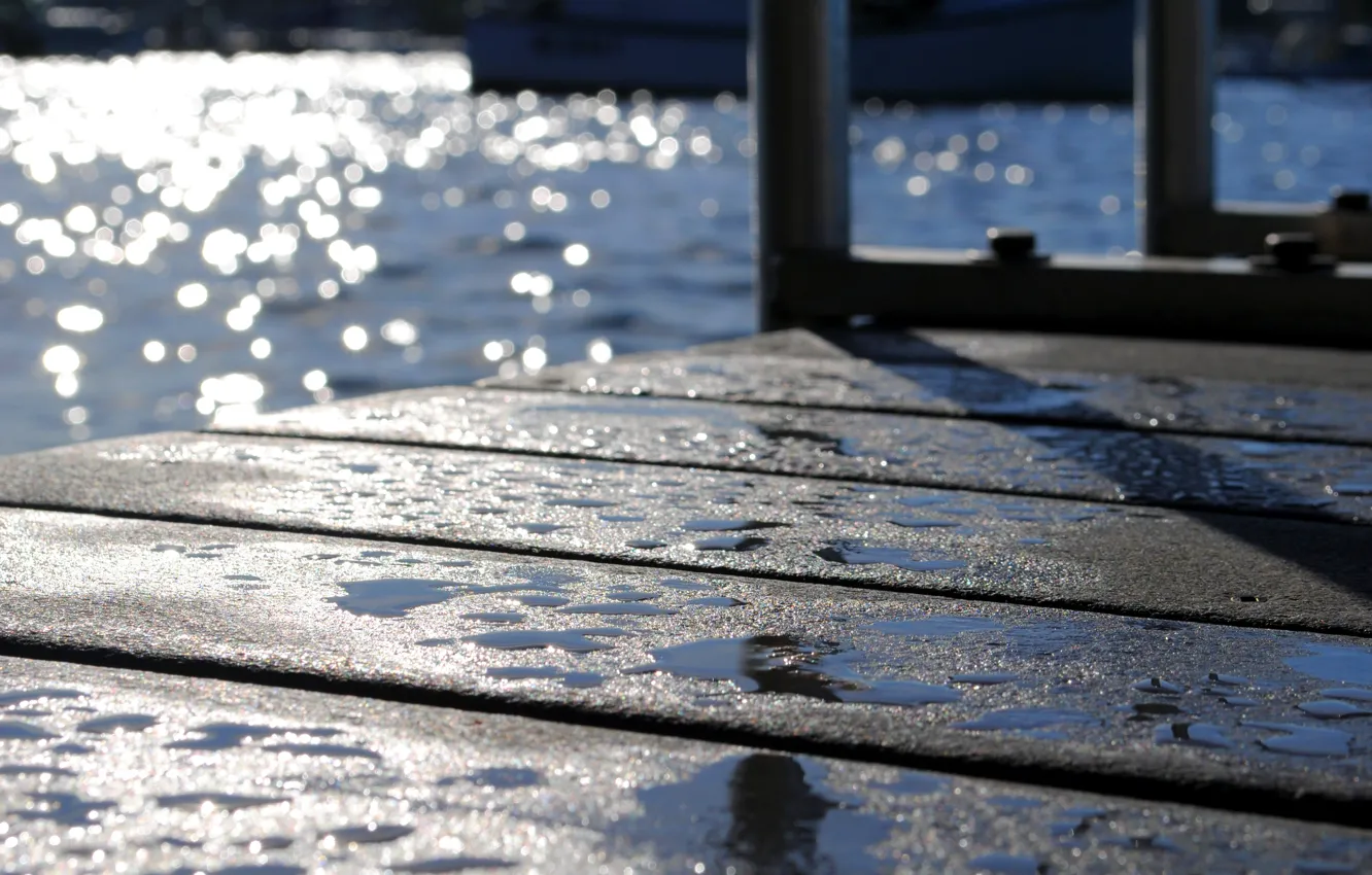 Photo wallpaper water, the sun, glare, reflection, pier, bokeh