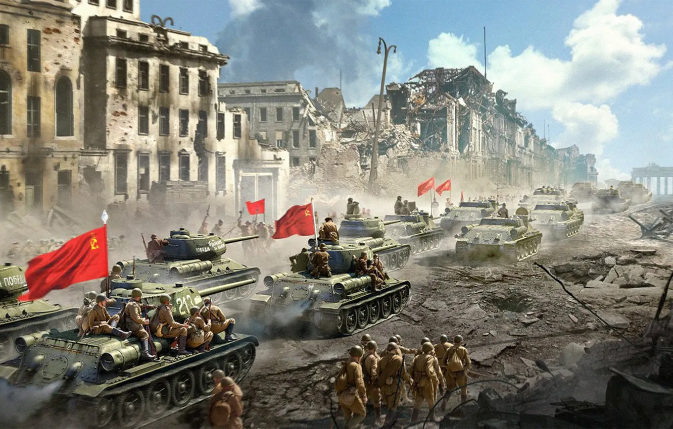 Photo wallpaper the city, army, USSR, soldiers, flags, tanks, world of tanks, ussr