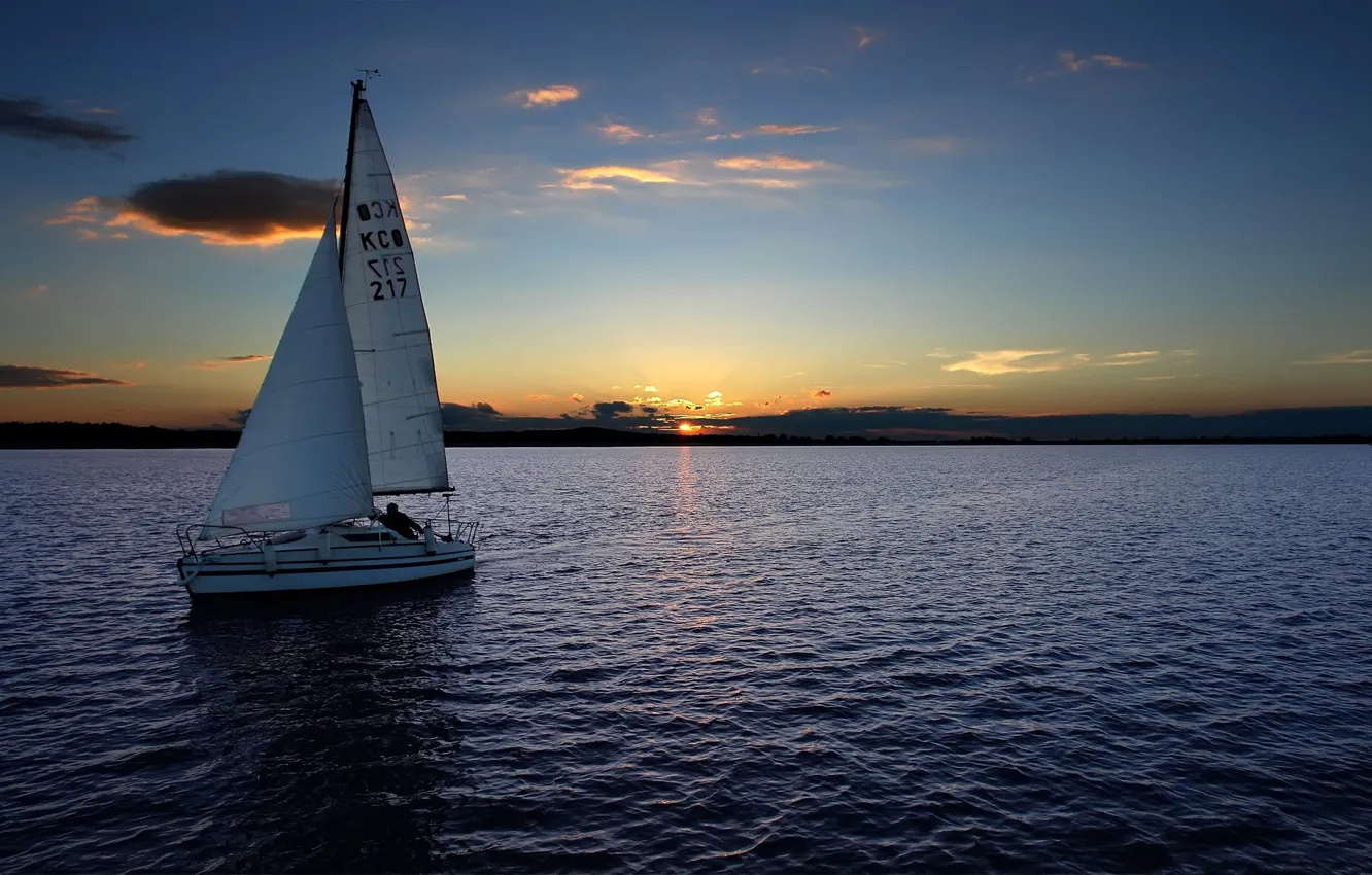 Photo wallpaper the sky, sunset, sailboat, the evening, yacht, horizon, calm, peace