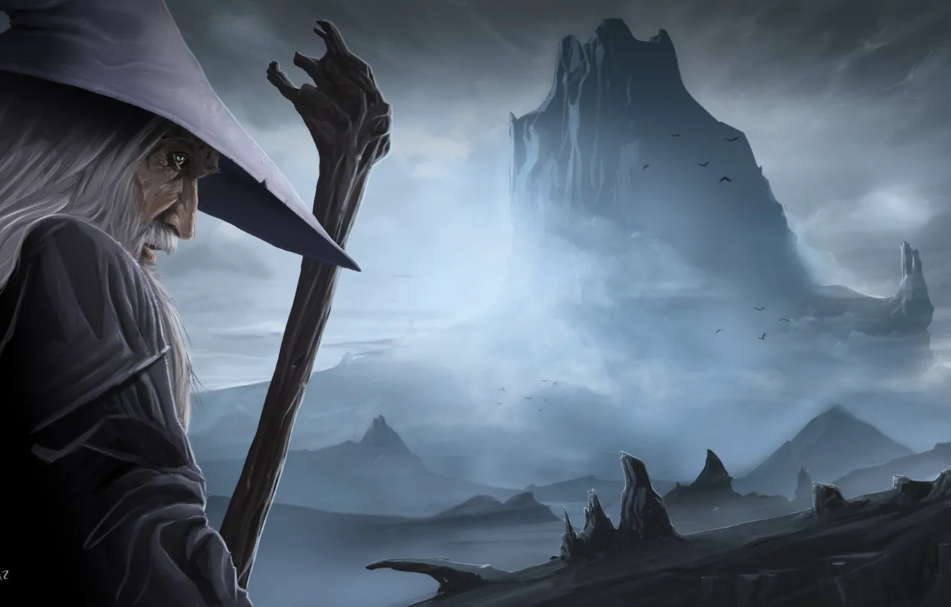 Photo wallpaper mountains, hat, art, the old man, staff, Gandalf, the sorcerer, Gandalf