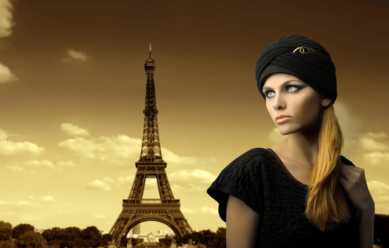 Photo wallpaper look, girl, Eiffel tower, makeup, dress, Sepia, blonde