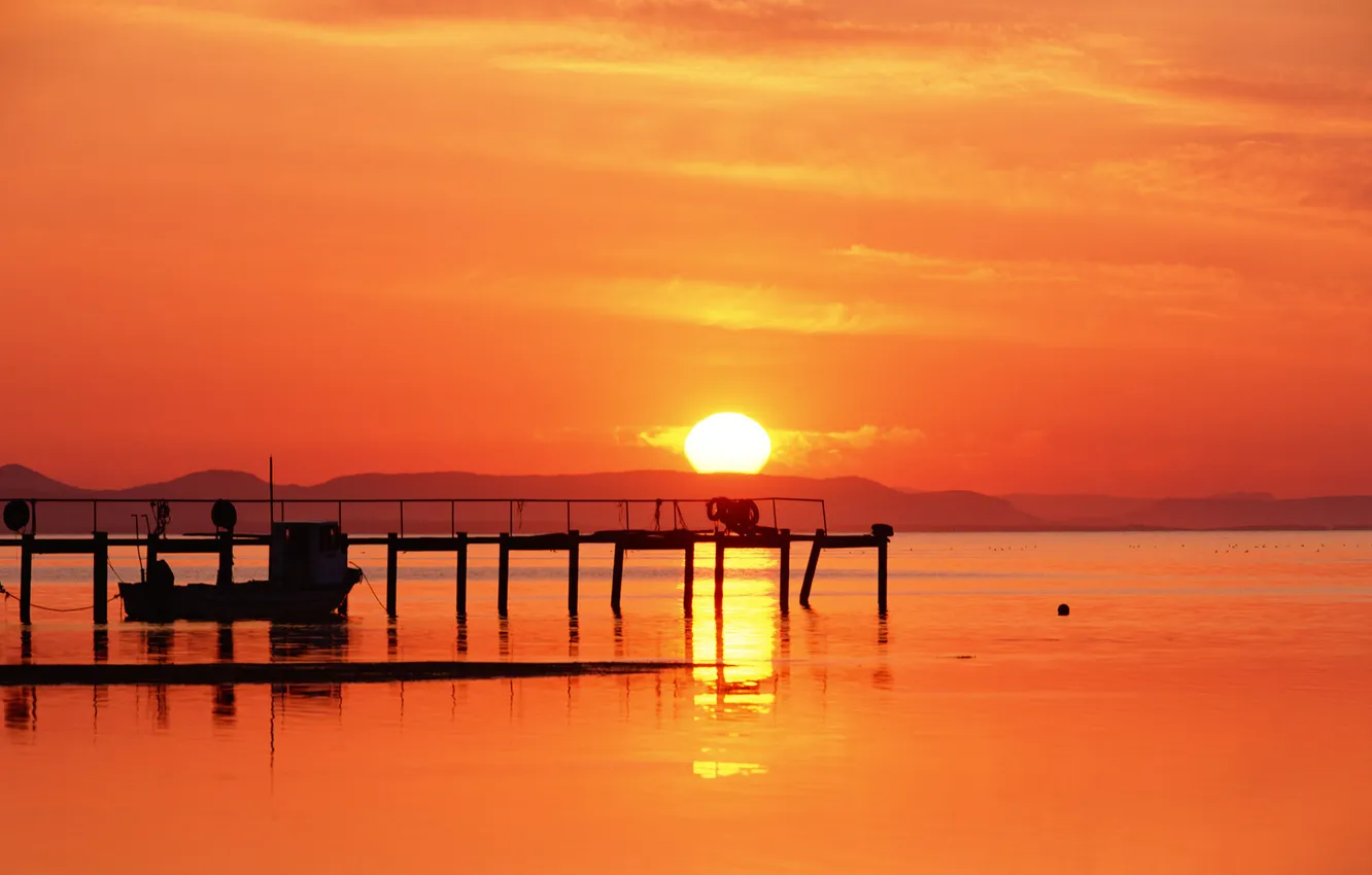 Photo wallpaper the sun, sunset, the ocean, boat, pier