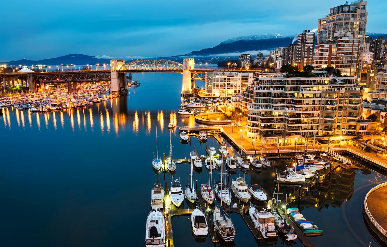 Photo wallpaper sea, the sky, bridge, lights, boat, home, the evening, yacht