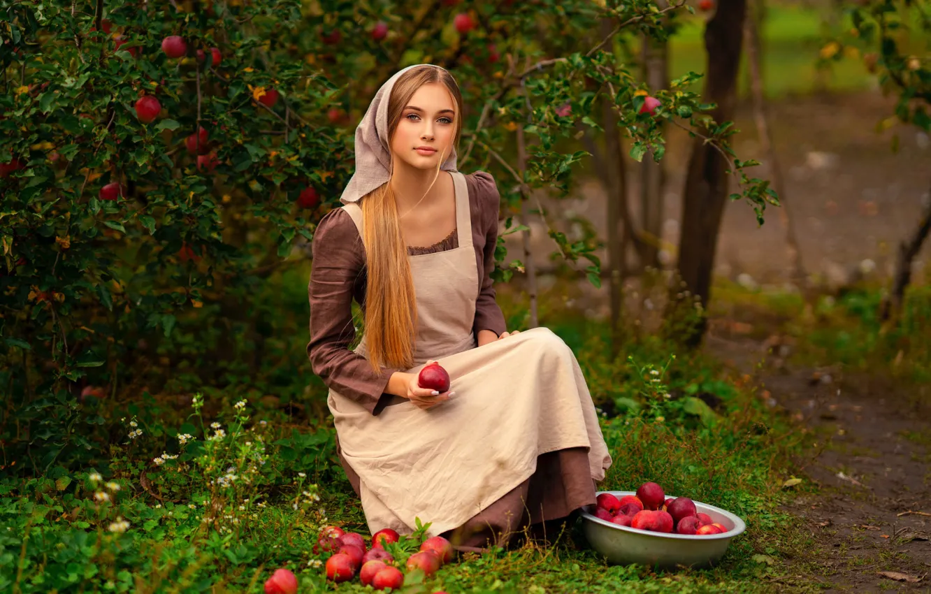 Photo wallpaper look, girl, nature, apples, garden, solitaire, Olga Boyko