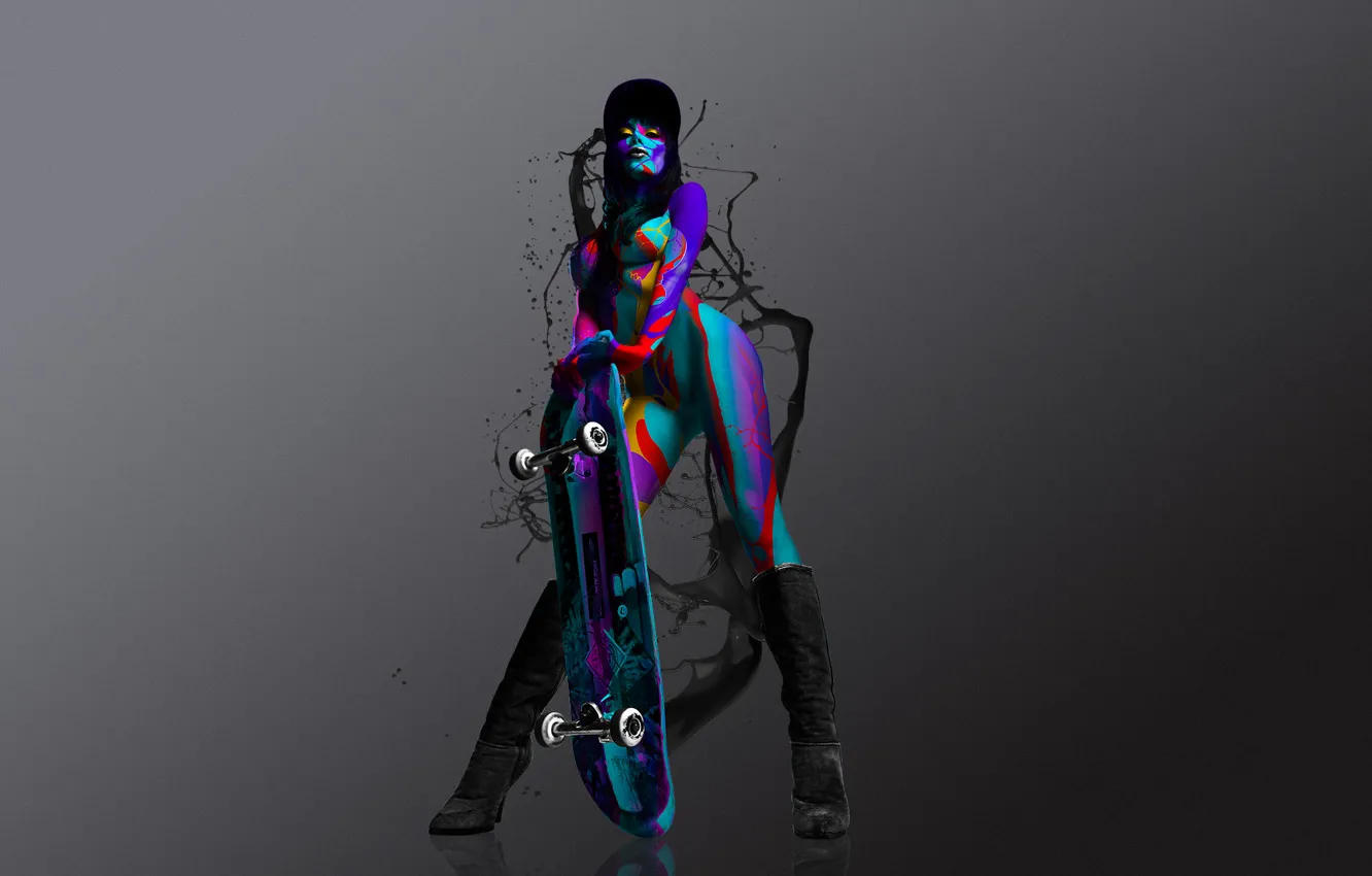 Photo wallpaper girl, paint, colored, boots, blots, cap, skateboard