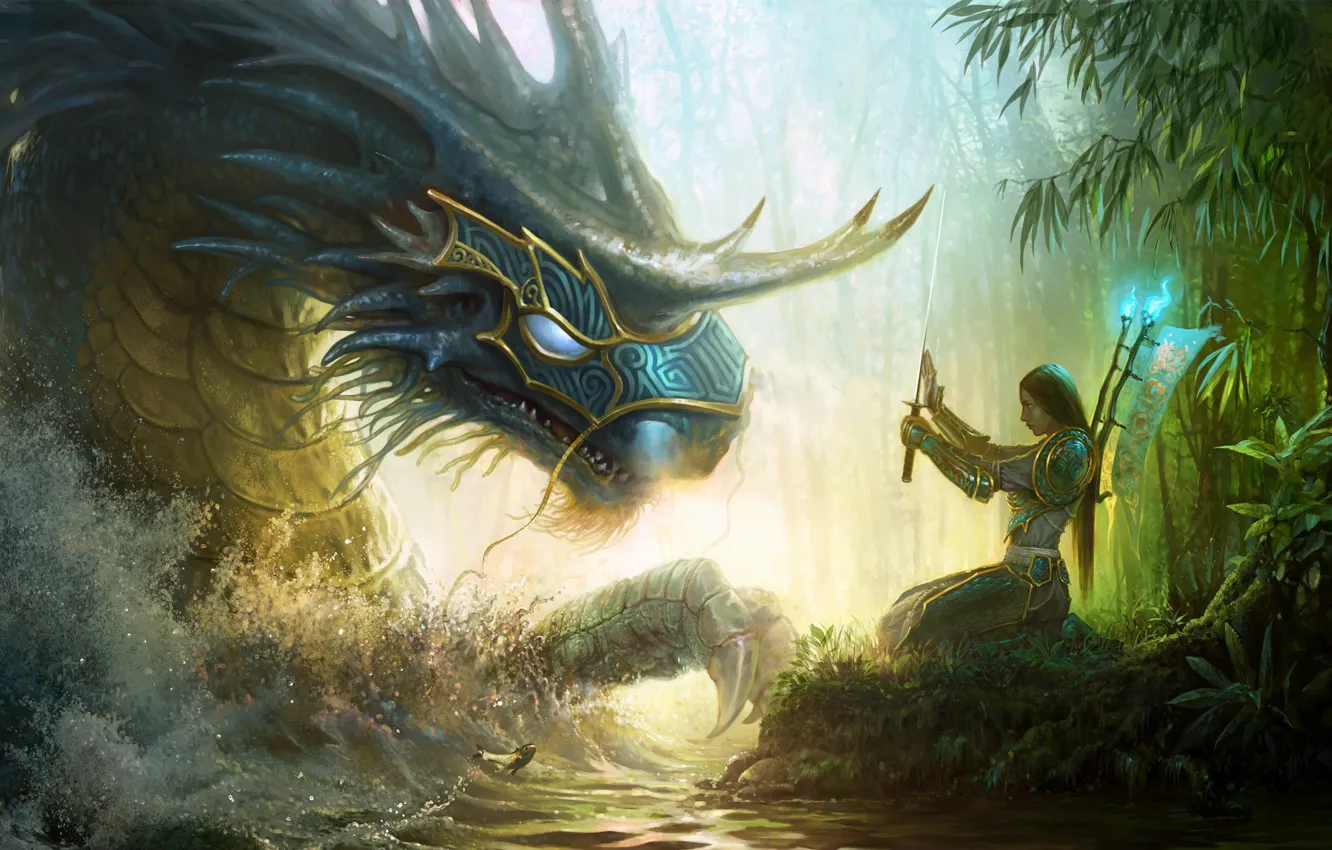 Photo wallpaper girl, sword, fantasy, forest, Dragon, river, armor, art