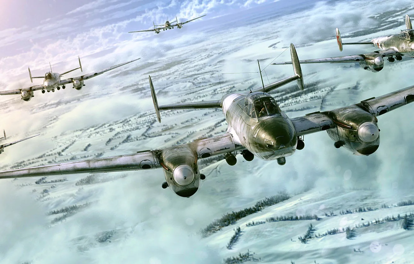 Photo wallpaper winter, clouds, snow, game, the plane, BBC, PE-2, dive bomber