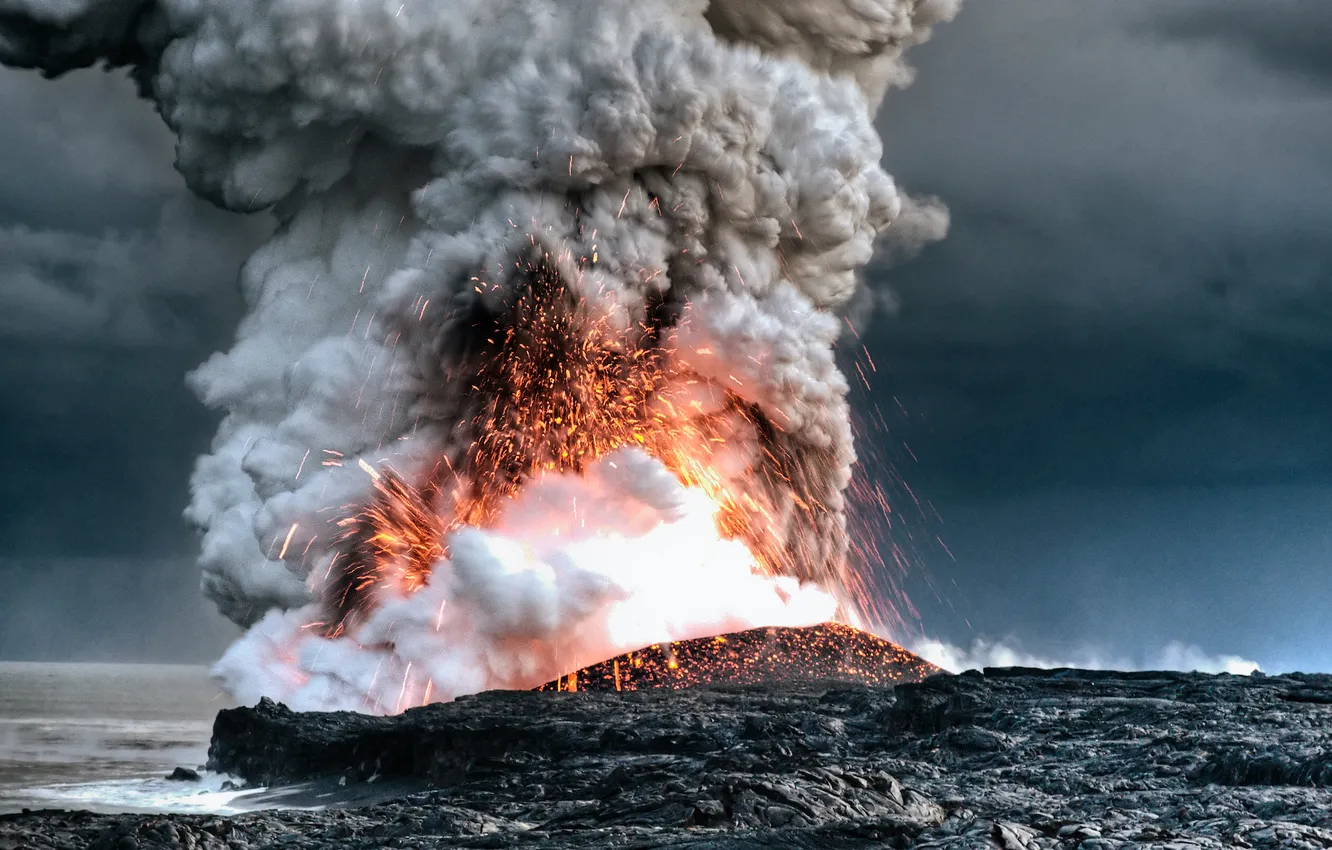 Photo wallpaper sea, the sky, water, the explosion, smoke, twilight, the volcano, the eruption