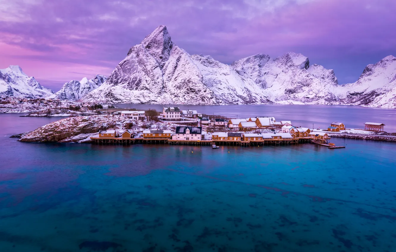 Photo wallpaper winter, sea, the sky, clouds, snow, mountains, Norway, Bay