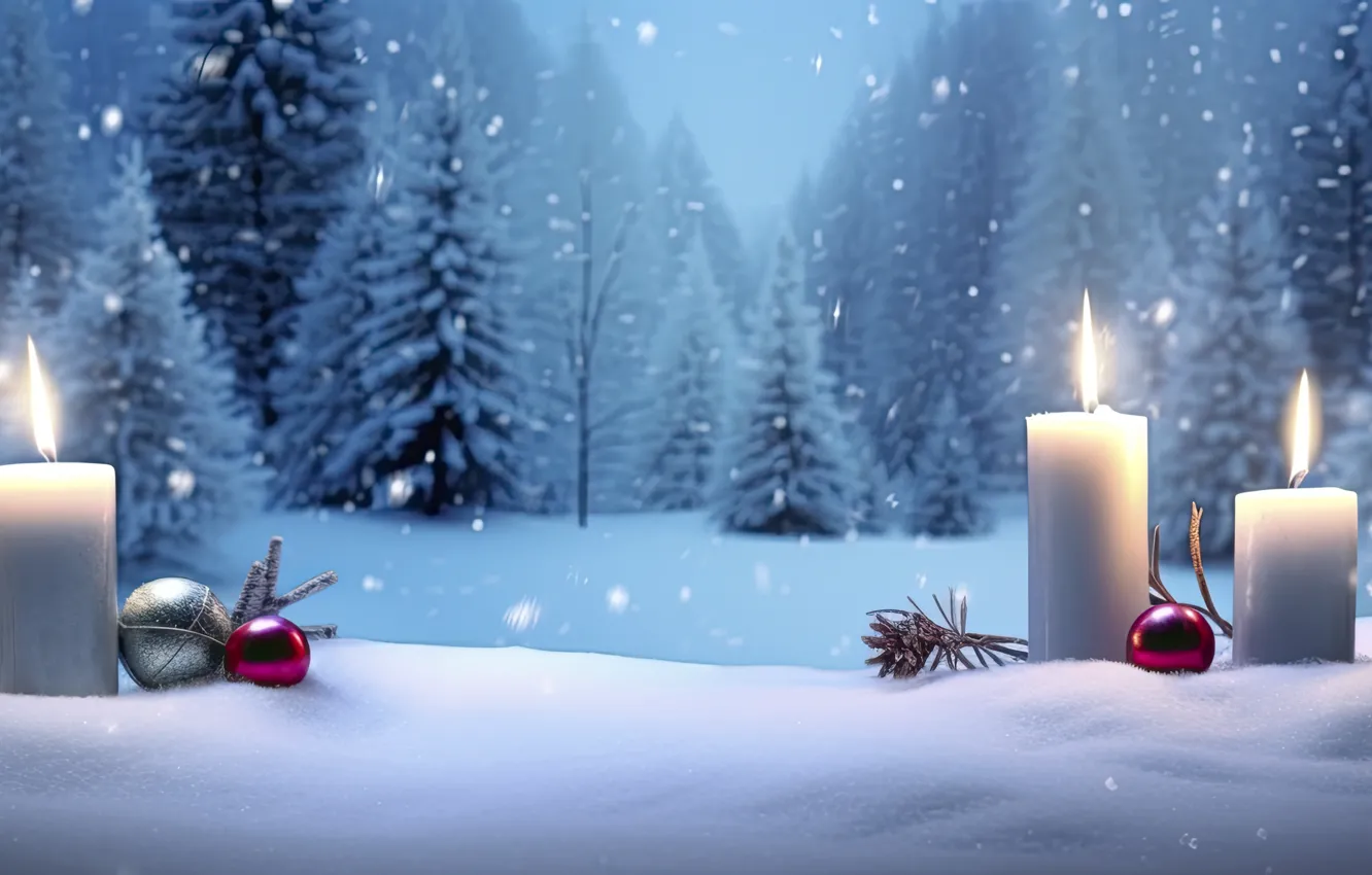 Photo wallpaper winter, frost, forest, balls, snow, trees, winter, new year