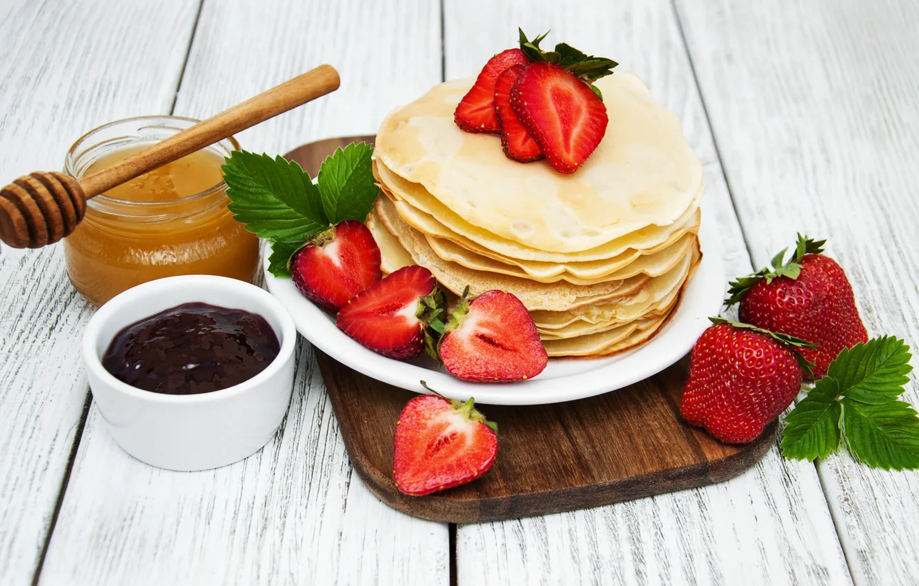 Photo wallpaper strawberry, honey, pancakes, jam, cutting Board, Olena Rudo