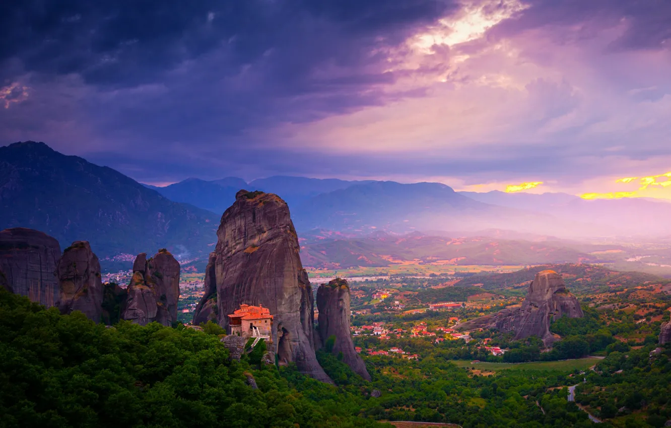 Photo wallpaper the sky, clouds, trees, rocks, home