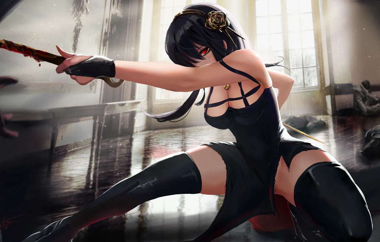 Photo wallpaper brunette, weapon, black hair, blood, red eyes, fan art, gloves, women