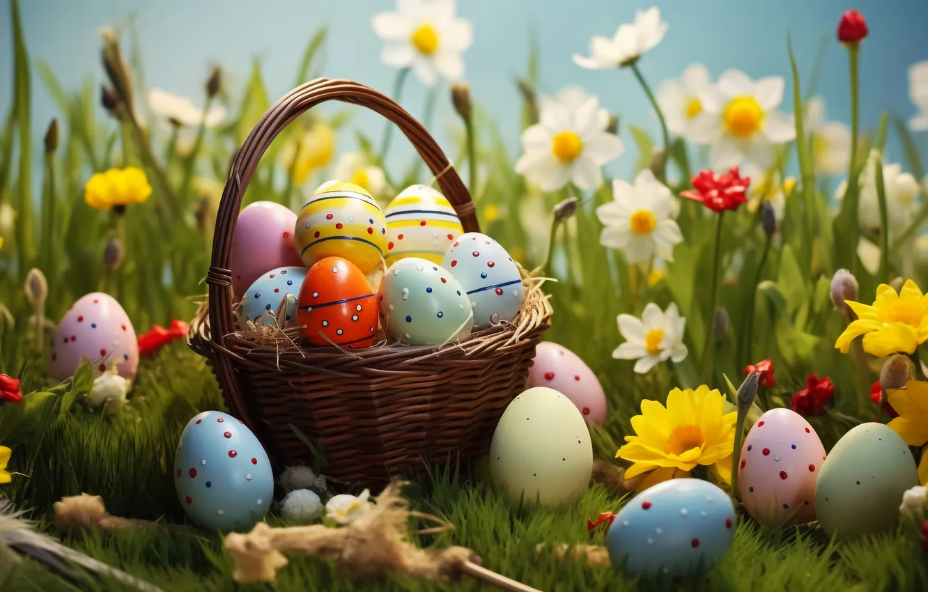Photo wallpaper flowers, eggs, spring, colorful, Easter, flowers, spring, Easter