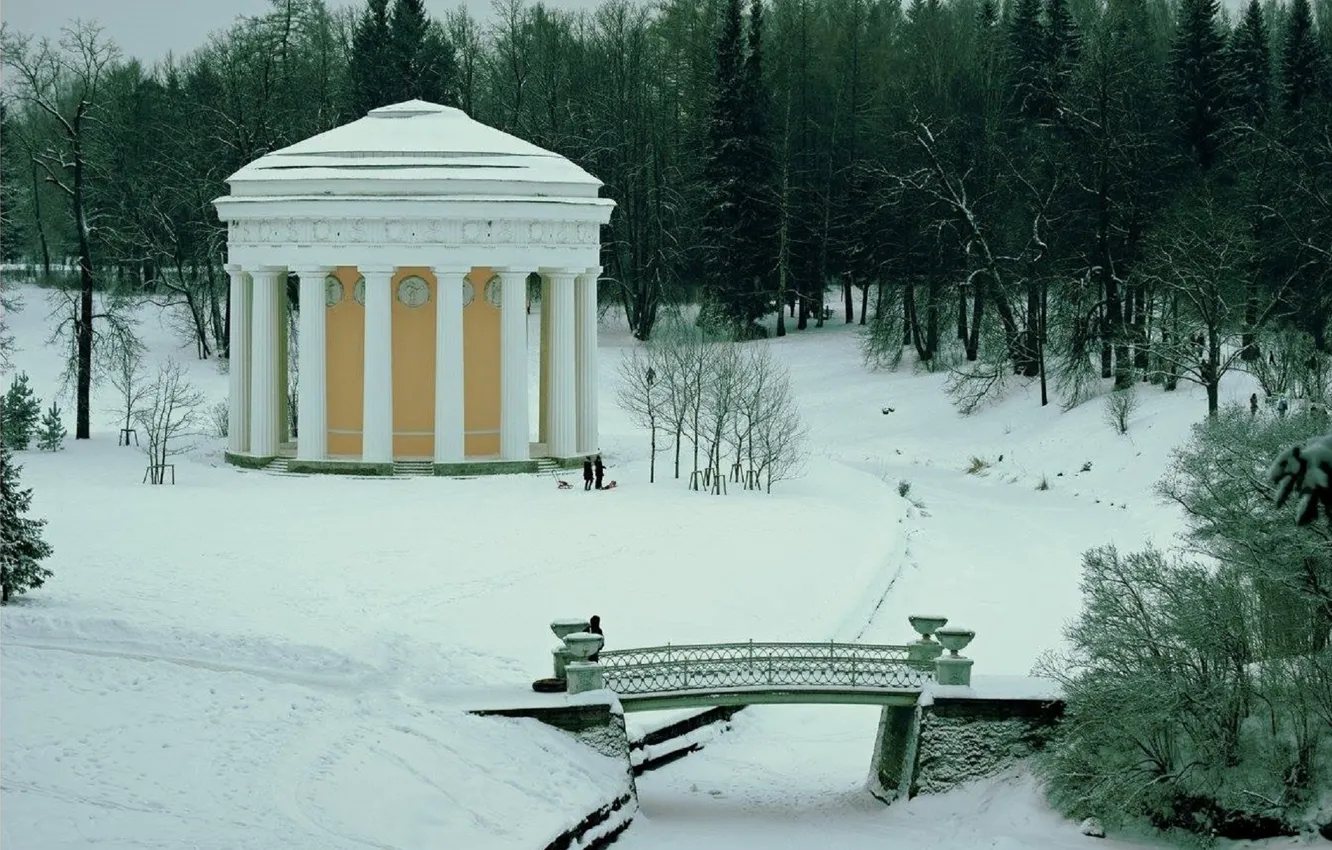 Photo wallpaper winter, snow, bridge, Pavlovsk