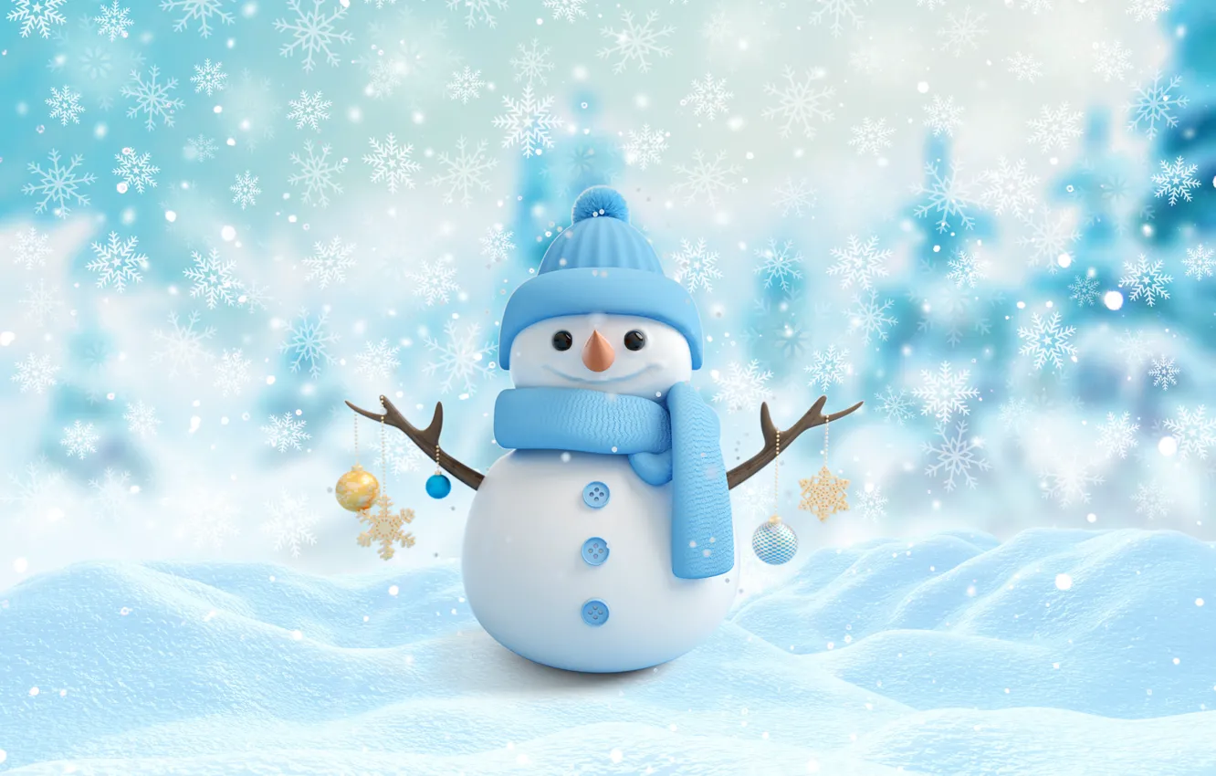 Photo wallpaper winter, snow, snowflakes, new year, Christmas, snowman, Christmas, winter