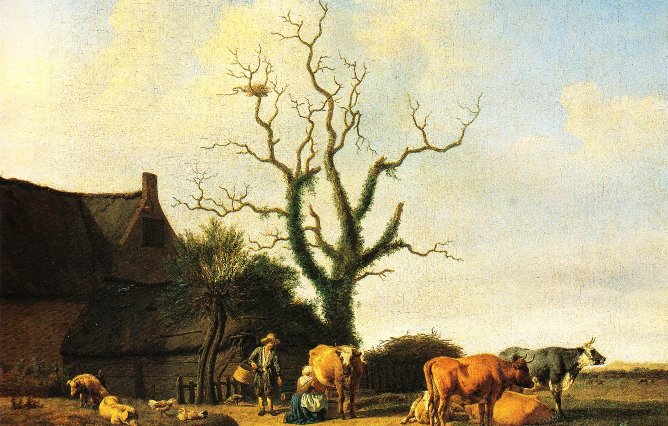Photo wallpaper Adriaen van de Velde, picture, Adriaen van de Velde, Farm with a dead Tree, landscape