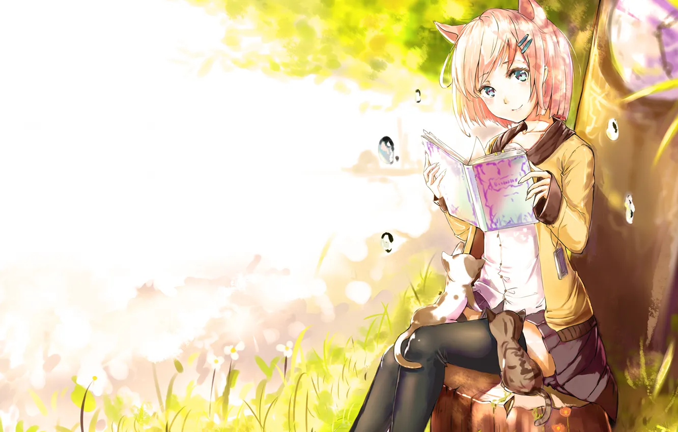 Photo wallpaper girl, drops, nature, smile, kitty, tree, anime, art